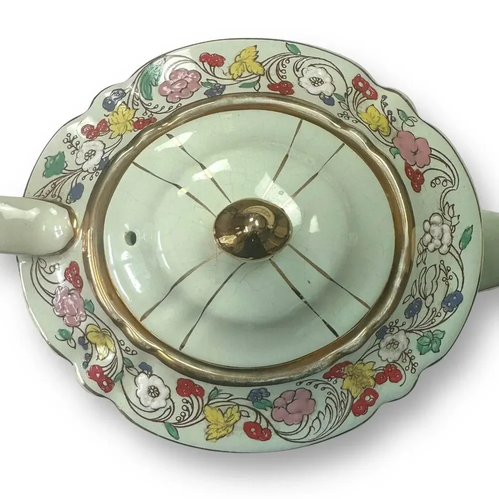 Sadler Teapot Vintage Made In England Green and Gold Guilded Floral Pattern